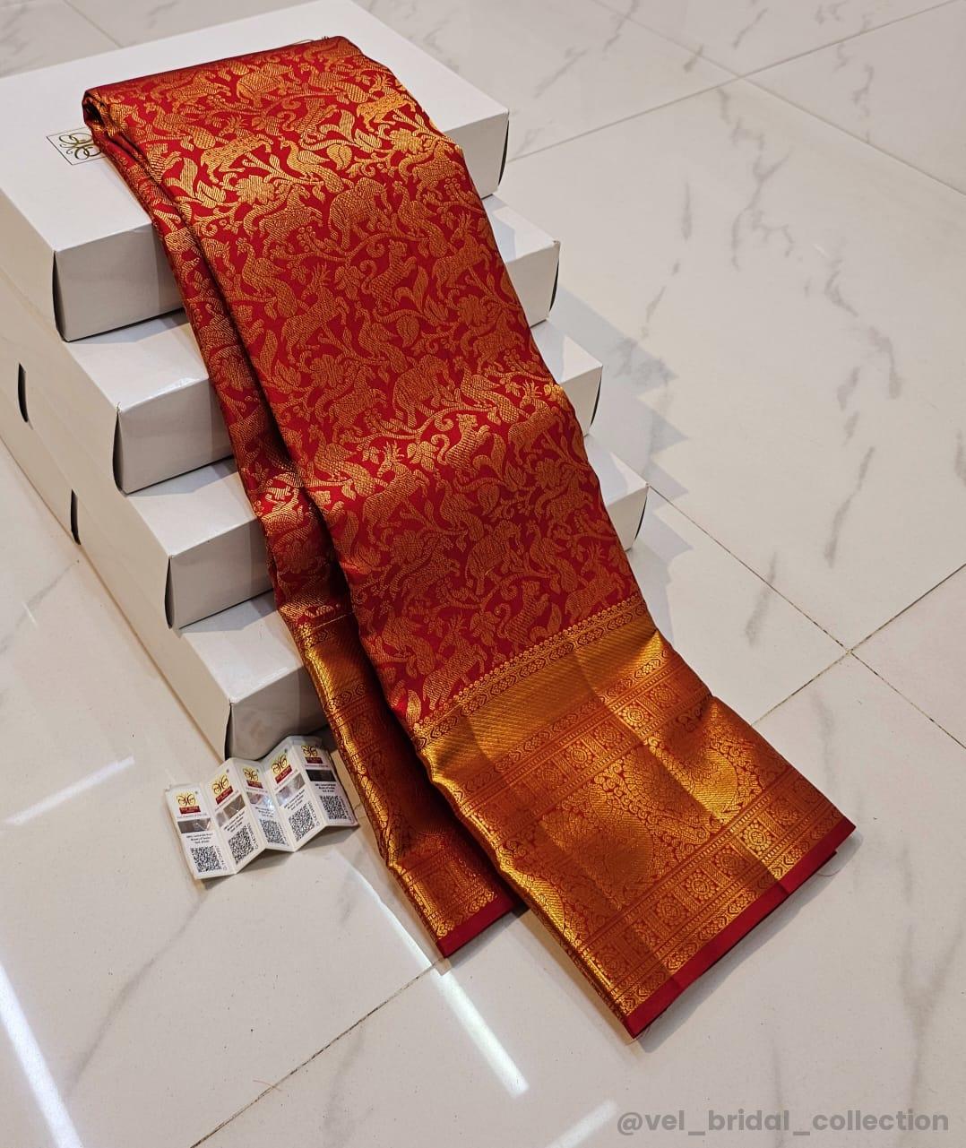 KANCHIPURAM PURE SILK IN HANDLOOM SINGLE TISSUE BRIDAL SAREES