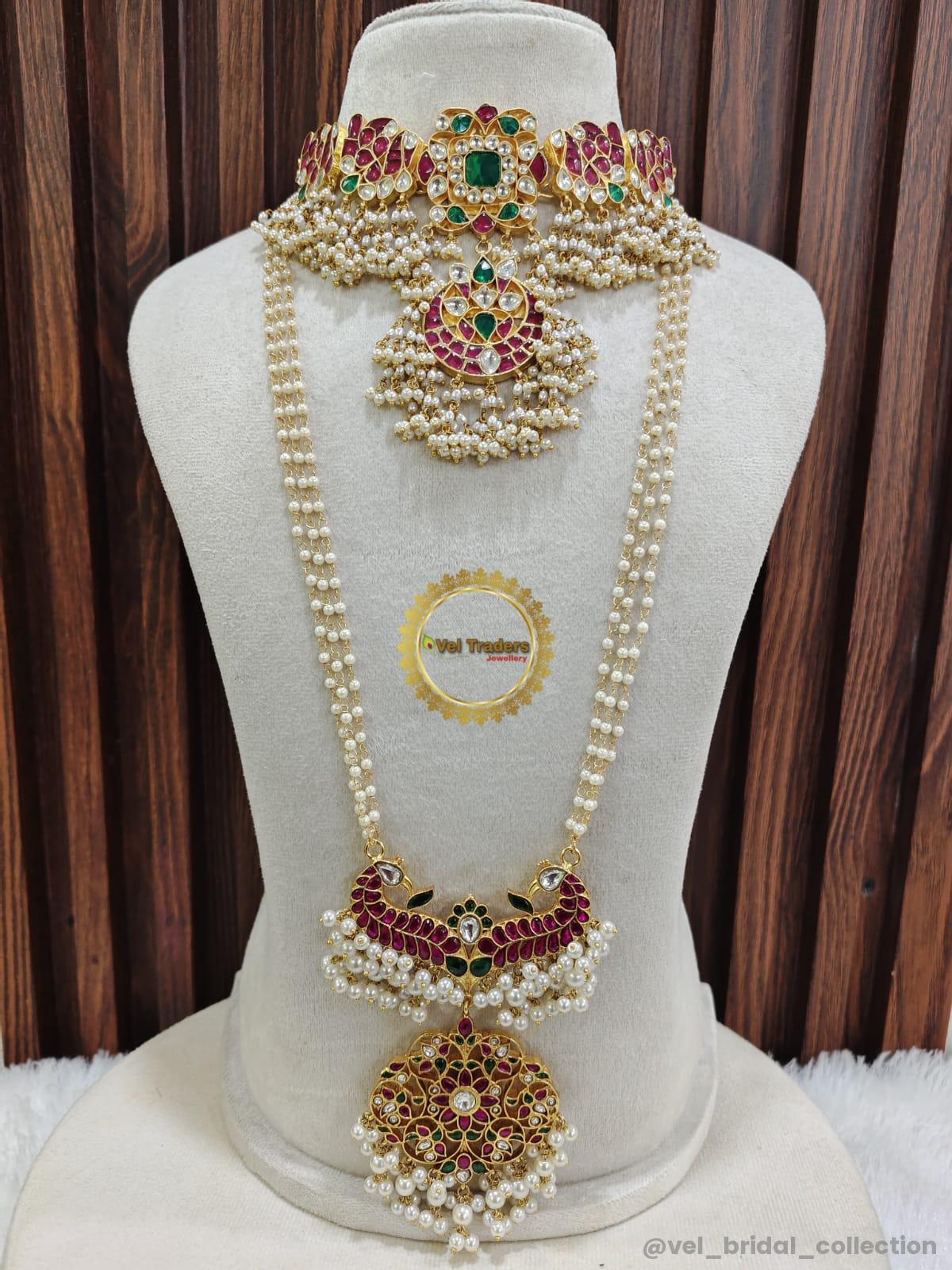 Traditional peacock patterns Jadau Kundan bridal jewelry set