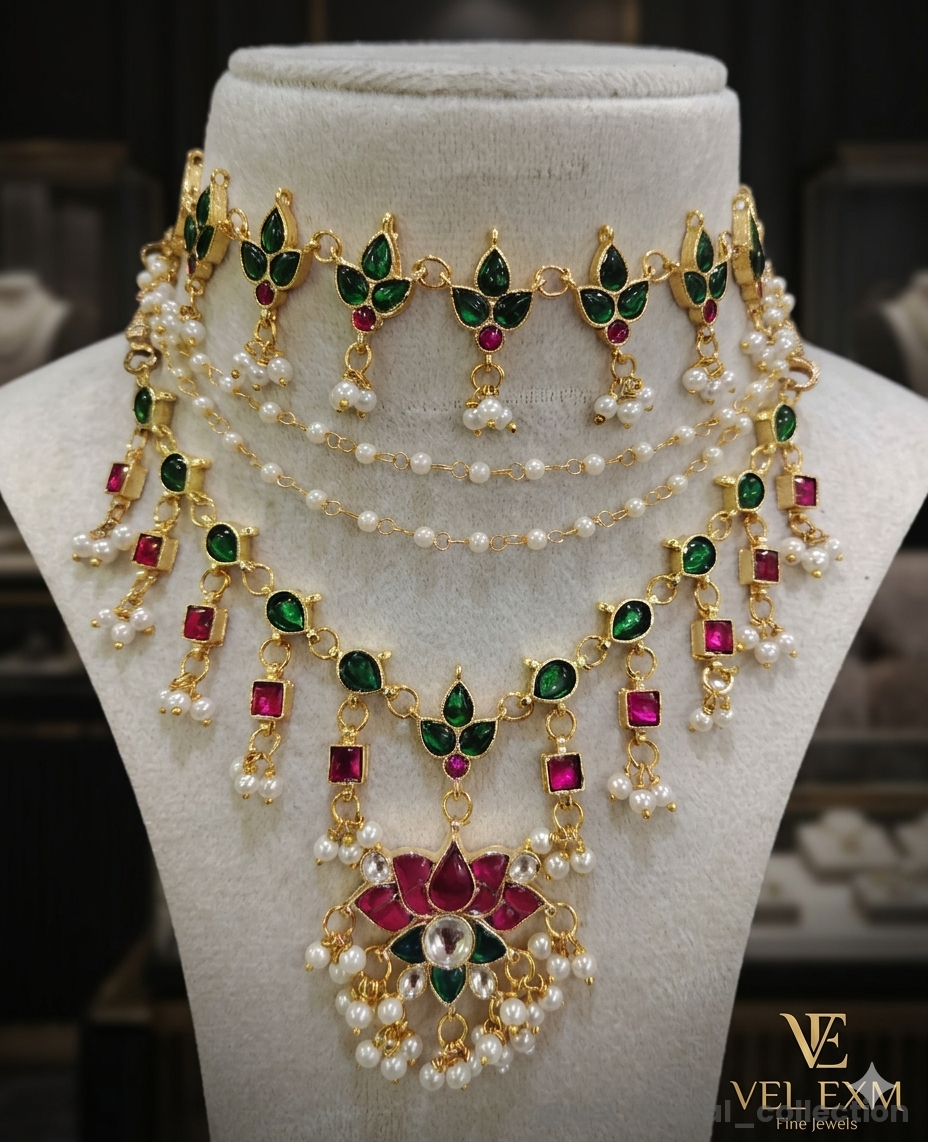 Jadau Kundan necklace set features a traditional three-layered choker