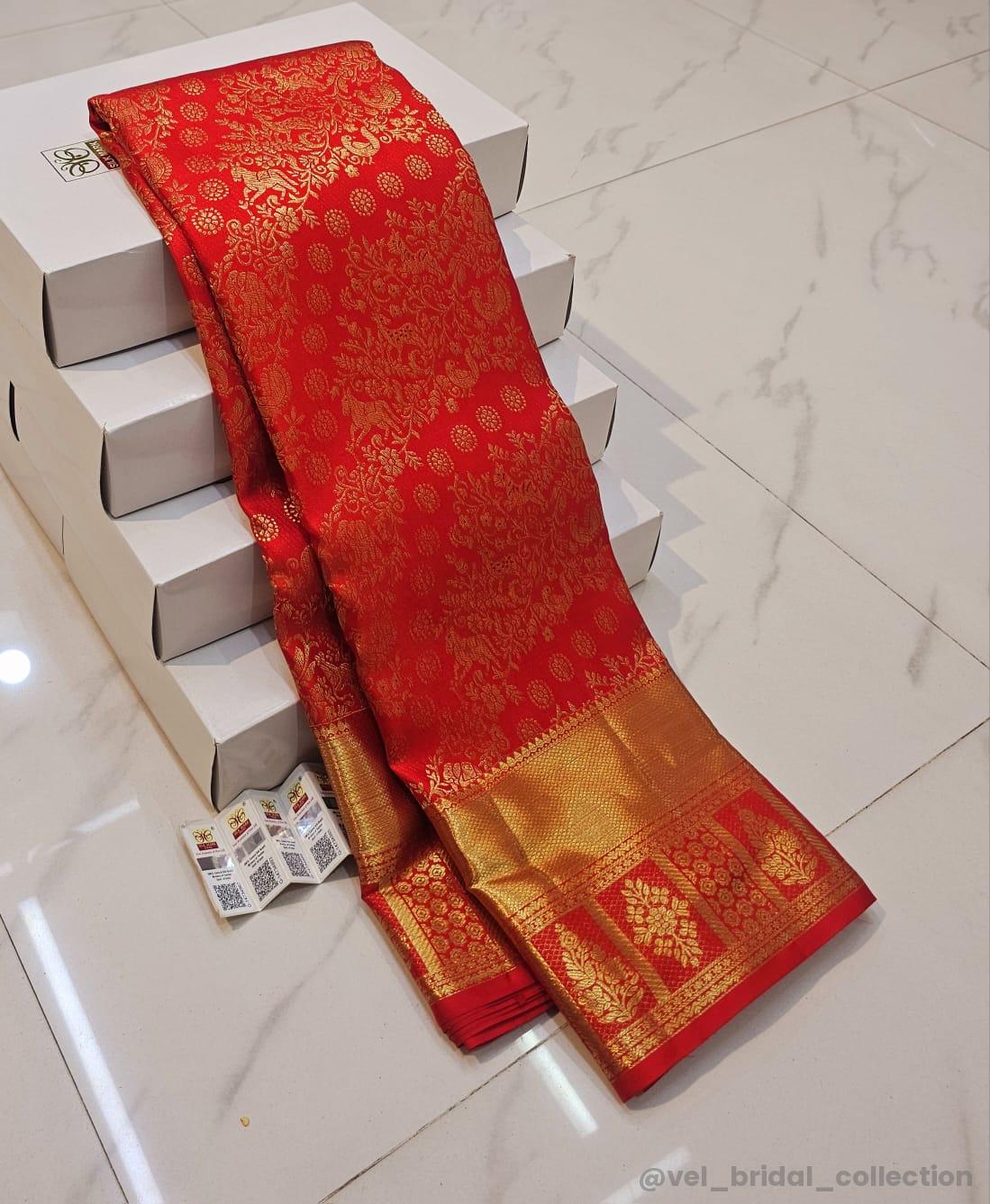 KANCHIPURAM PURE SILK IN HANDLOOM SINGLE TISSUE BRIDAL SAREES