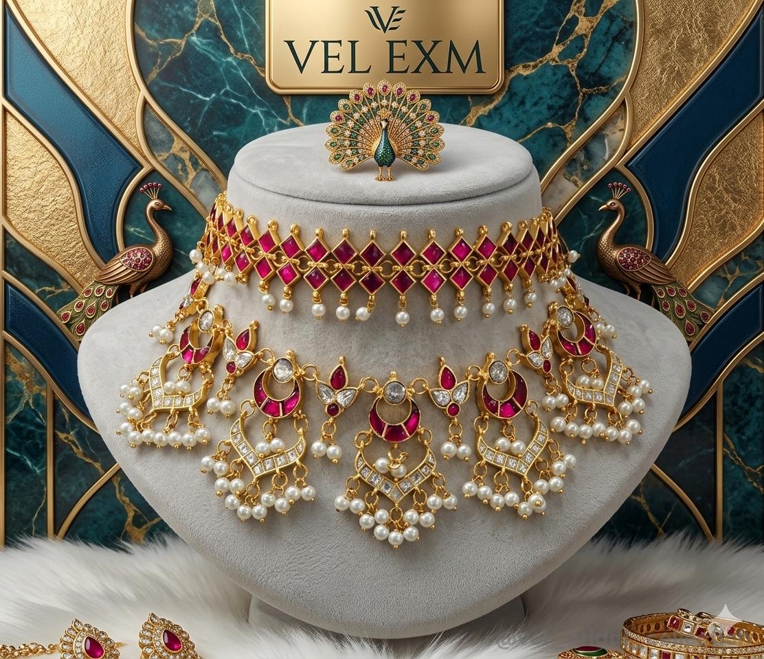 Ruby and pearl kundan double-layered choker necklace set.