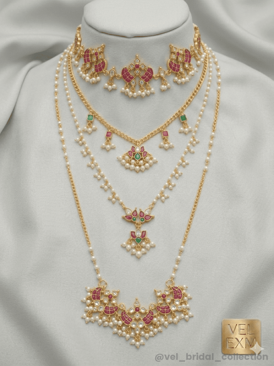 Handmade Lotus 3-Layer Bridal Set featuring traditional Jadau Kundan