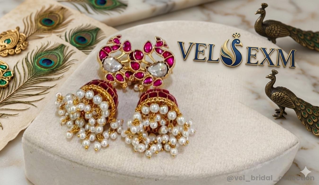 Ruby-pink peacock stud jhumka
