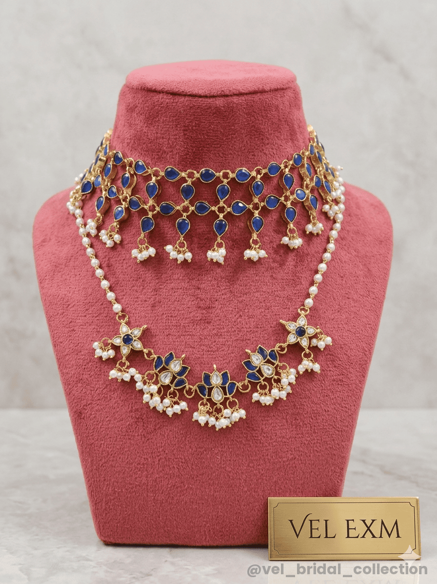 choker featuring vibrant blue teardrop stones in a Kundan necklace