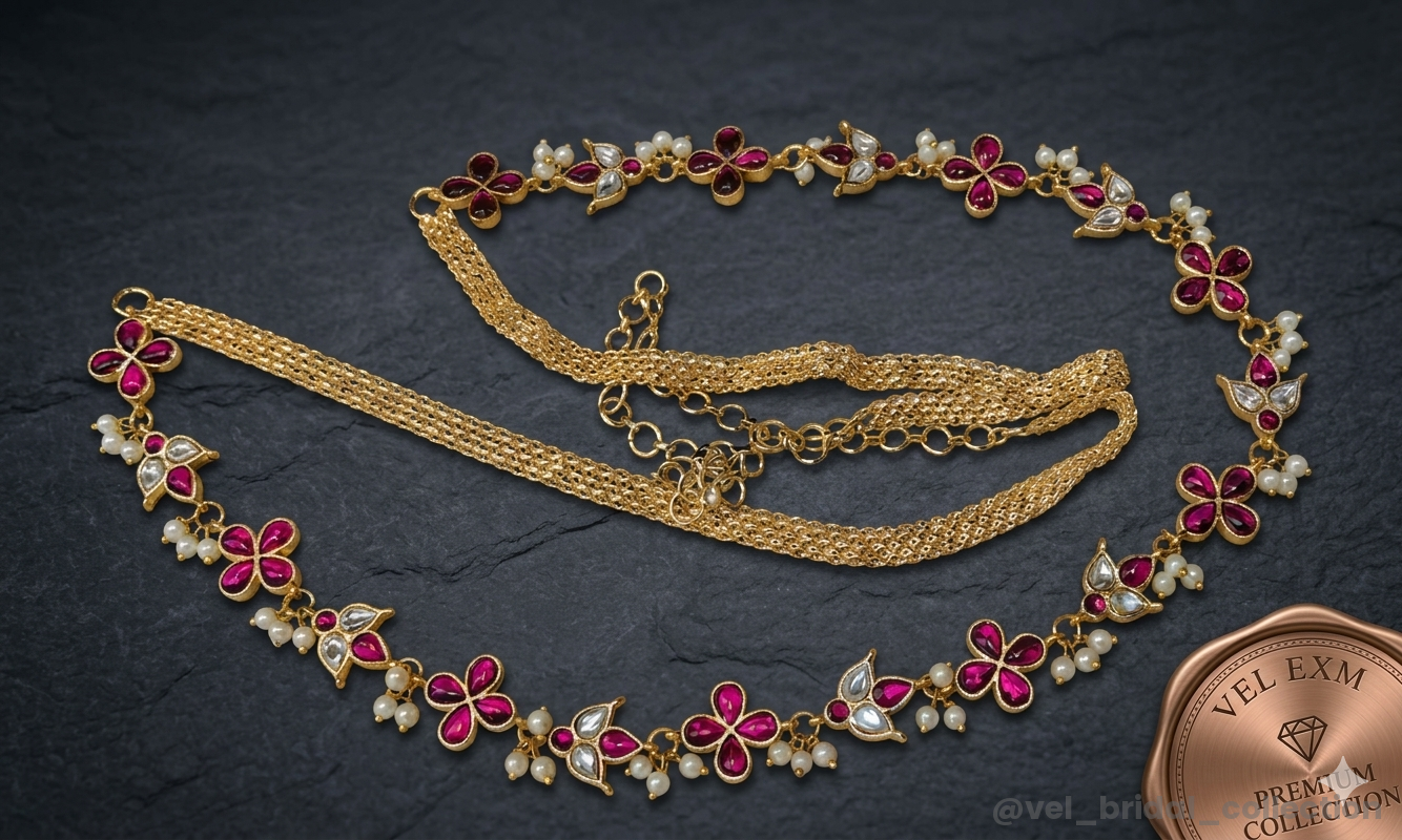 Kundan hip chain  ruby-red stones and white